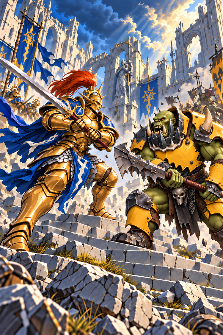 Age of Sigmar illustration of a gold-armoured Stormcast warrior and a green Orruk in yellow plate armour clashing on ruined stone steps beneath blue banners.