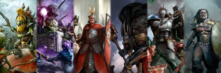 Age of Sigmar original artwork collage featuring Gloomspite Gitz, Seraphon, Cities of Sigmar, Flesh-eater Courts, Stormcast Eternals and Darkoath