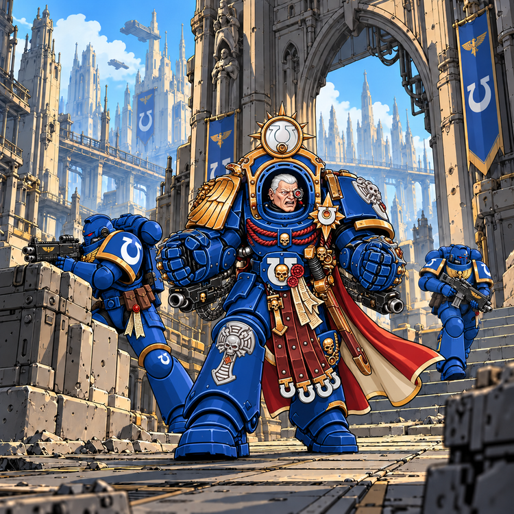Warhammer 40,000 illustration of Marneus Calgar in blue and gold armour with twin gauntlets, flanked by Ultramarines in an Imperial city.