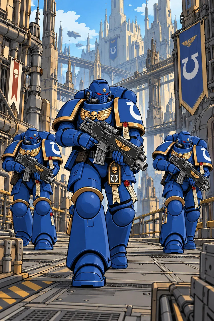 Blue-armoured Ultramarines advancing through an Imperial city — Warhammer 40,000 collection illustration.