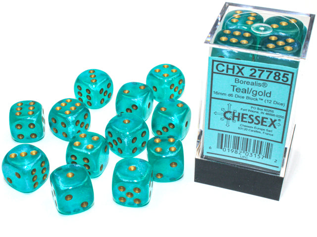 Chessex Dice: Borealis 16mm d6 Teal/gold Luminary Dice Block (12 dice)