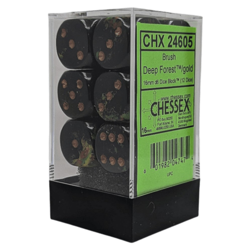 Chessex: Brush Deep Forest/gold 16mm d6 Dice Block (12 dice)