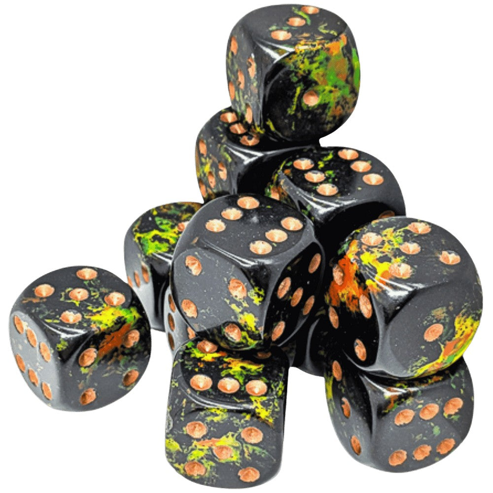 Chessex: Brush Deep Forest/gold 16mm d6 Dice Block (12 dice)