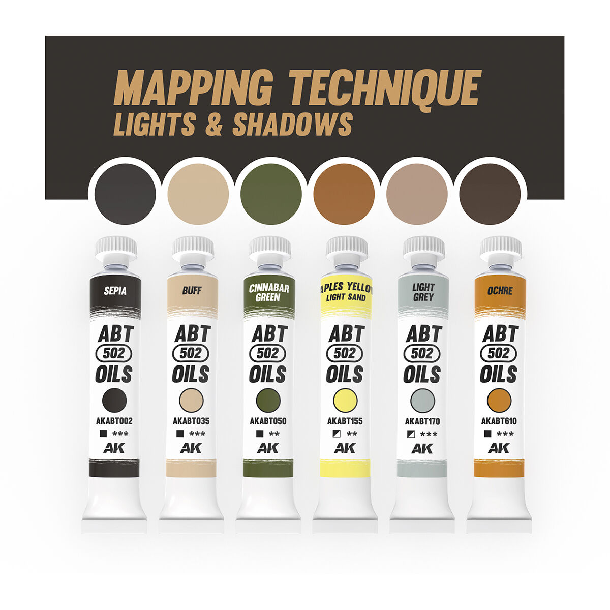 AK Interactive ABT 502: Vehicle Mapping Technique Lights & Shadows Oil Paint Set