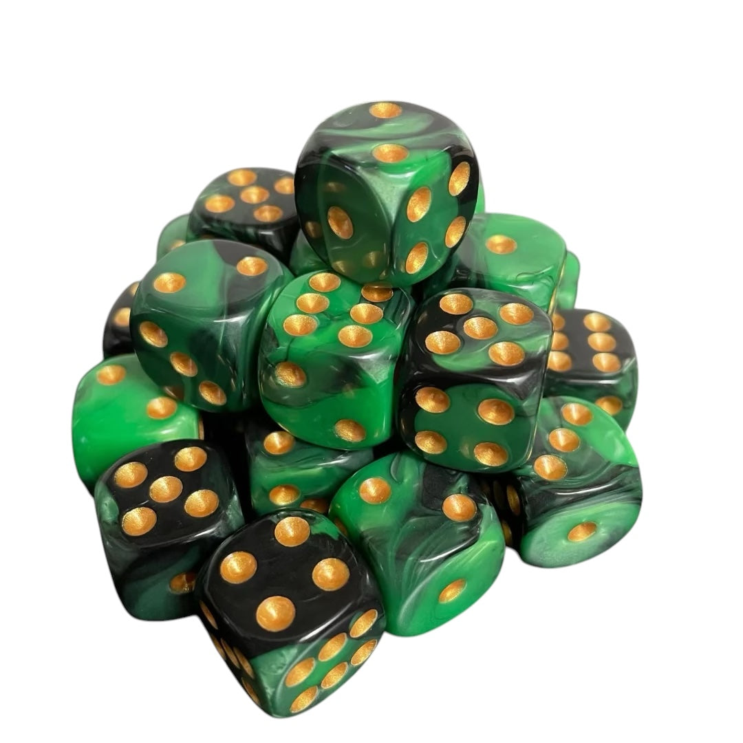 16mm Dice Glossy Pearl Green-Black (Gold pips)