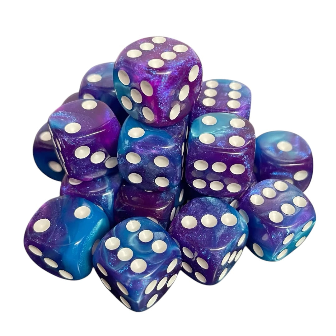 16mm Dice Glossy Pearl Blue-Purple Opal (White pips)