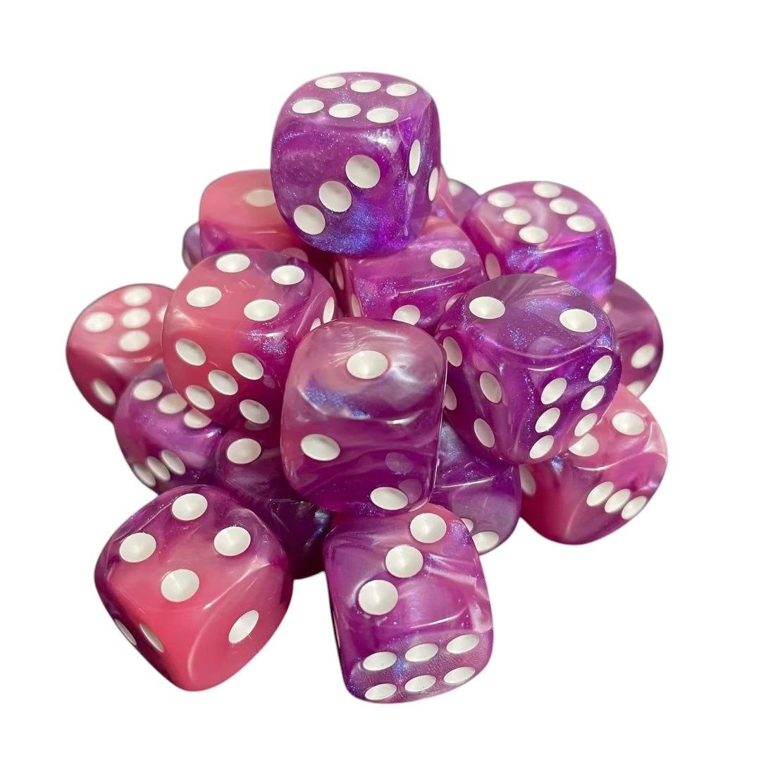 16mm Dice Glossy Pearl Pink-Purple Opal (White pips)