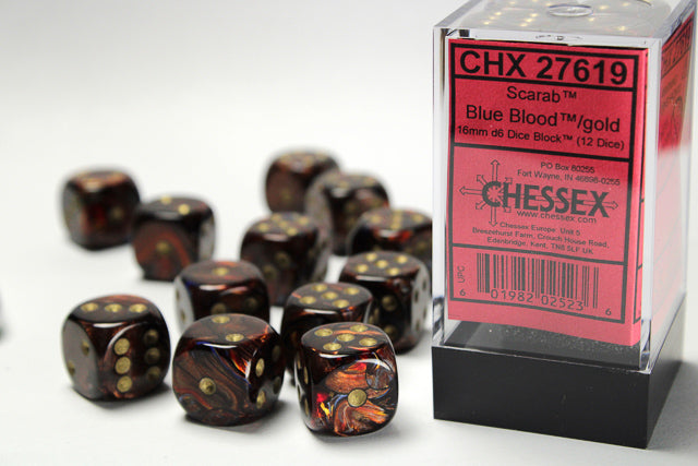 Chessex Dice: Scarab 16mm d6 Blue Blood/gold Dice Block (12 dice)