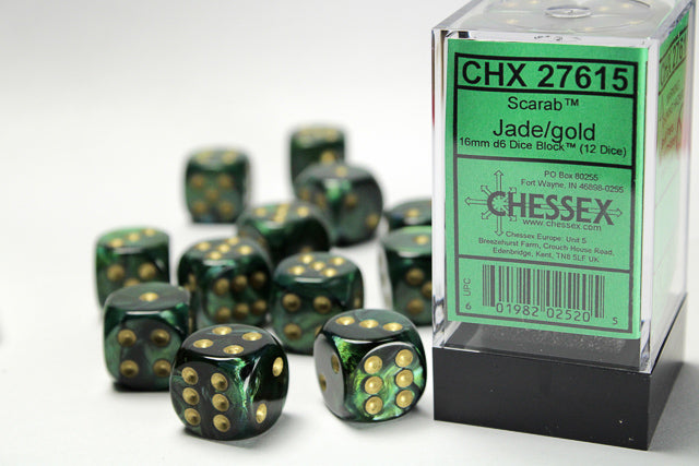Chessex Dice: Scarab 16mm d6 Jade/gold Dice Block (12 dice)