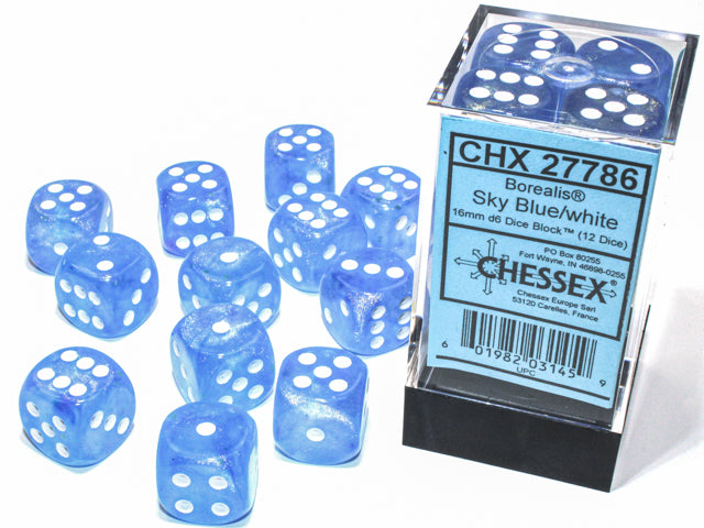 Chessex Dice: Borealis 16mm d6 Sky Blue/white Luminary Dice Block