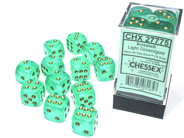 Chessex Dice: Borealis 16mm d6 Light Green/gold Luminary Dice Block