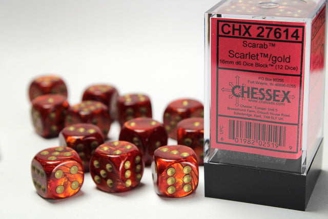 Chessex Dice: Scarab 16mm d6 Scarlet/gold Dice Block (12 dice)