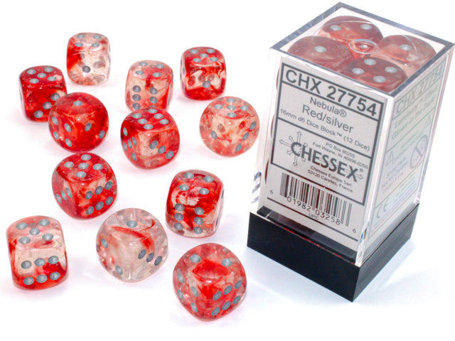 Chessex Dice: Nebula 16mm d6 Red/silver Luminary Dice Block (12 dice)