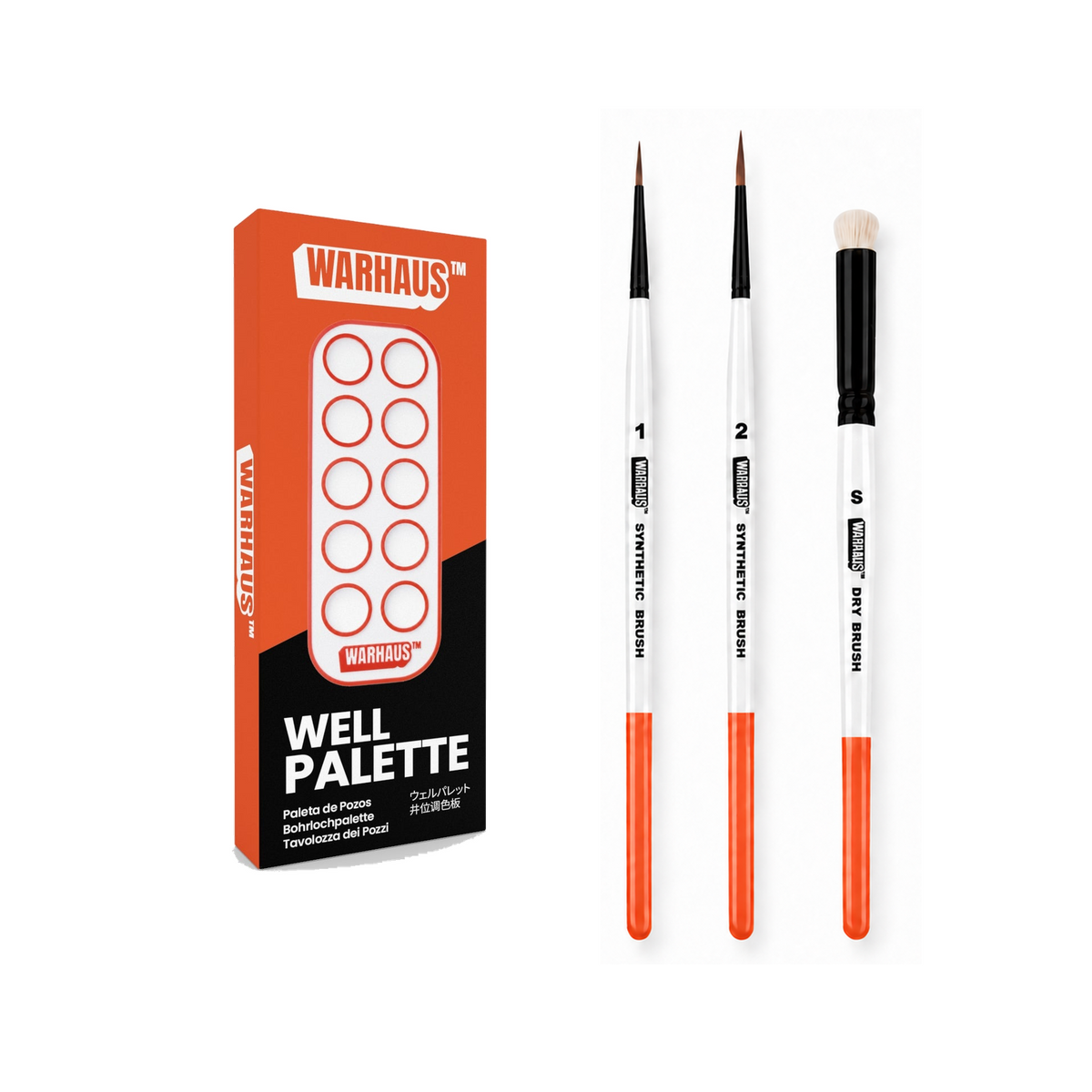 WARHAUS First Miniature Painting Tools Kit with white/orange Well Palette box, size 1 and 2 synthetic brushes and small drybrush