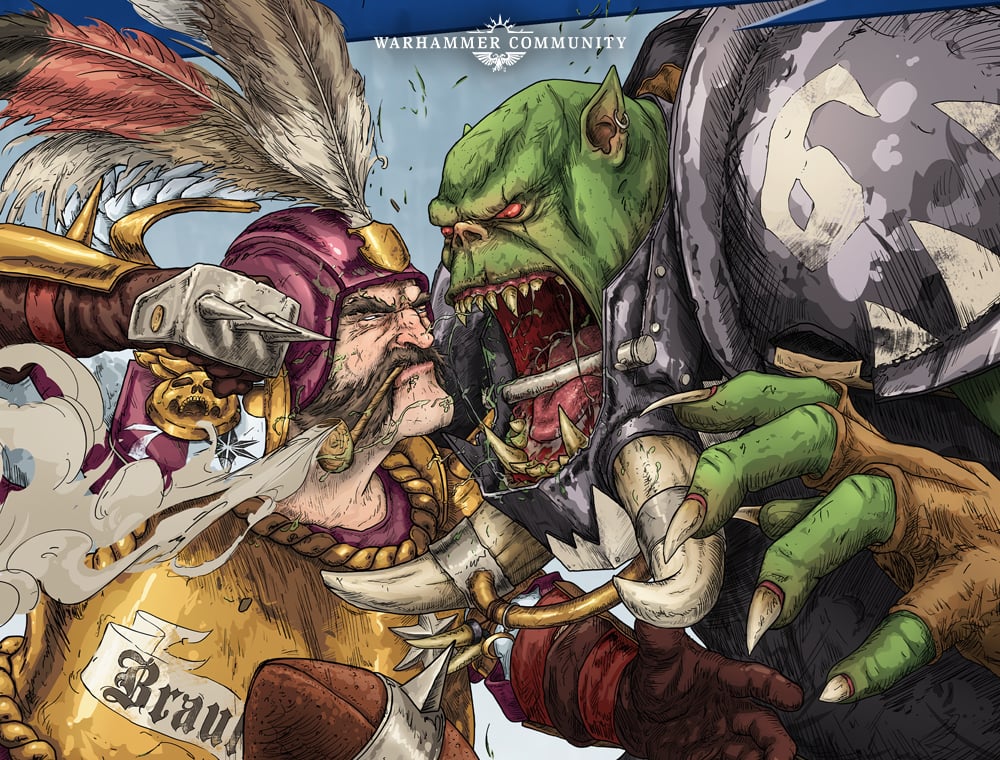 Blood Bowl human and orc players clash, official game artwork