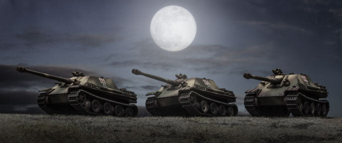 Flames of War Panther tanks advancing under moonlight, Battlefront Miniatures
