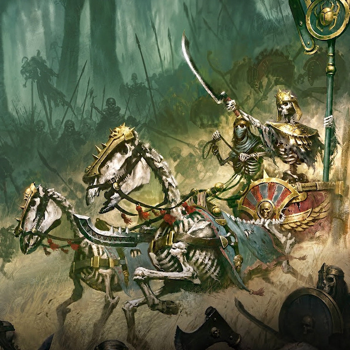 Tomb Kings skeletal chariot charging into battle
