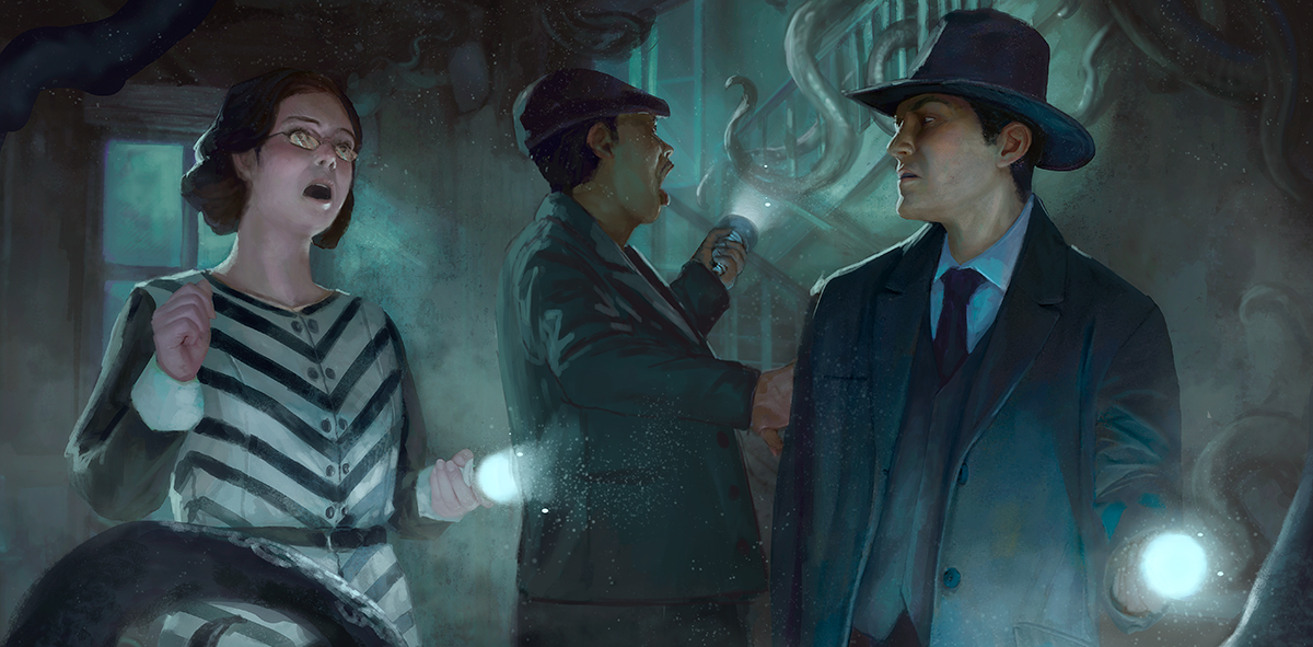 Call of Cthulhu investigators confronting an unseen horror