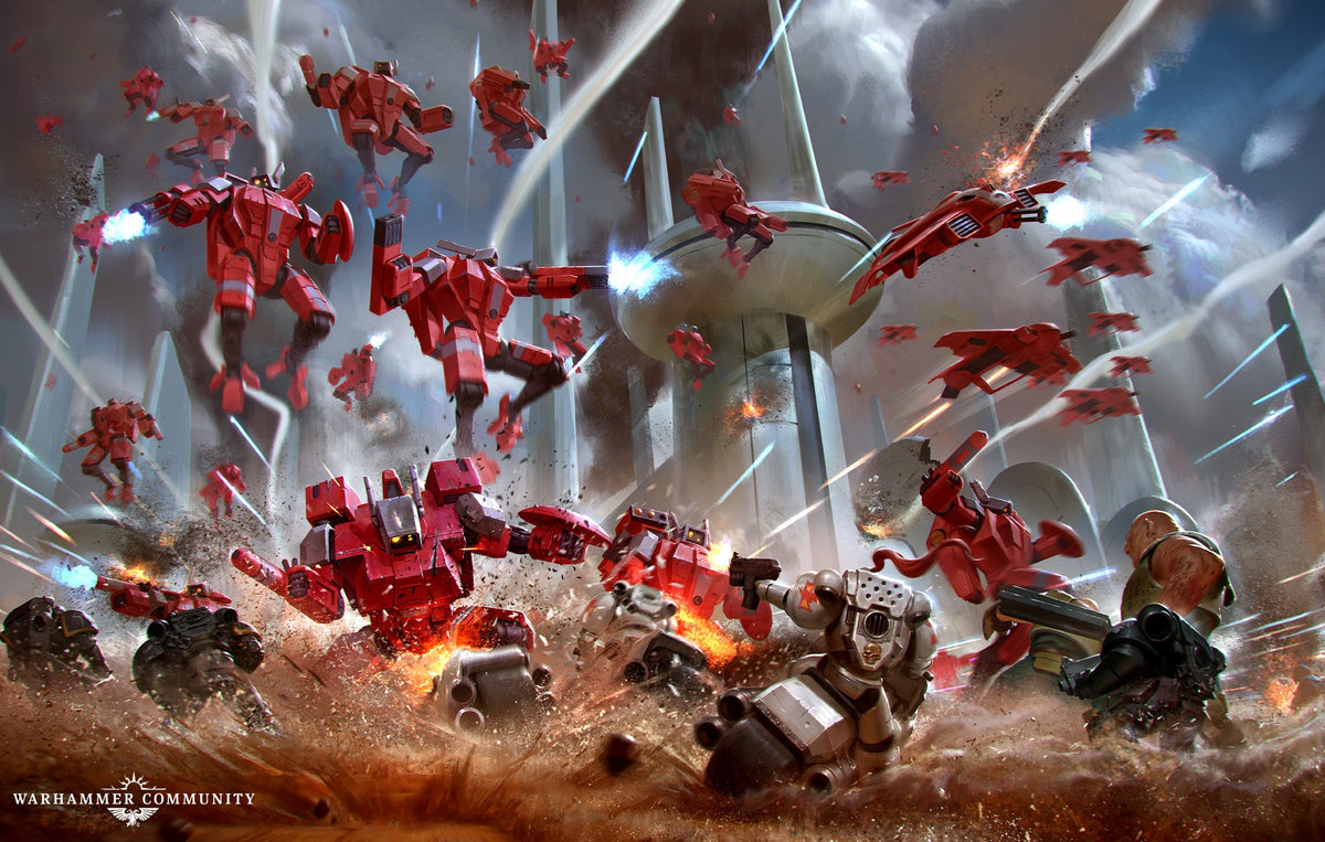 Tau Empire battlesuits in combat artwork