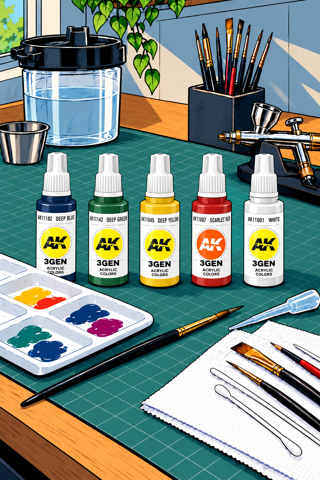 AK Interactive paints on an illustrated Warhaus hobby workbench with a palette, brushes and painting tools.