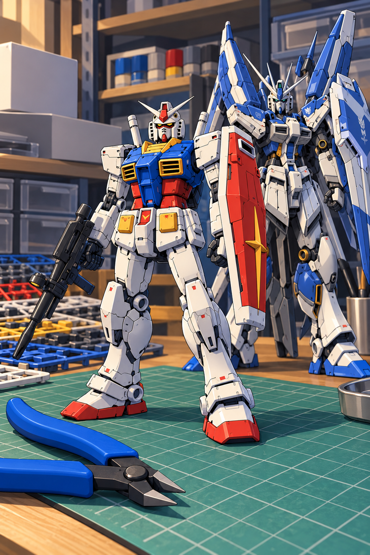 Bandai Gundam model kits: illustrated RX-78-2 and Hi-Nu on a Gunpla workbench with sprues and nippers.
