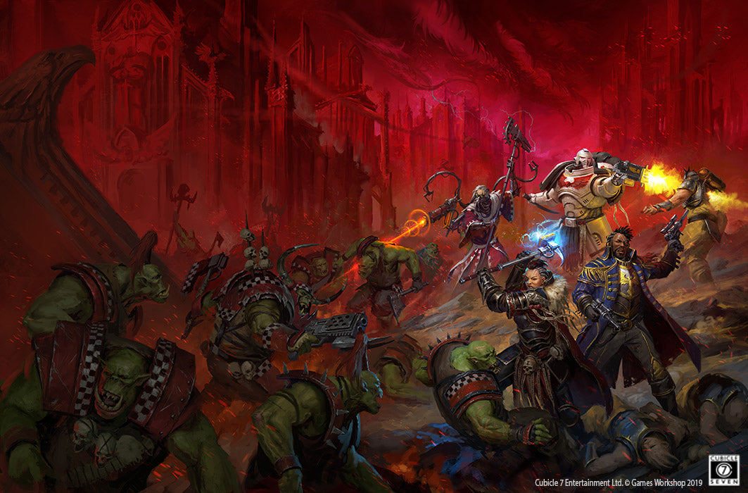 Wrath & Glory adventurers battling Orks in a ruined Imperial city, artwork by Johan Grenier