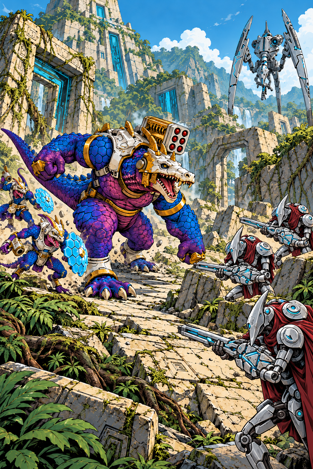 Grimdark Future Saurian Starhost and Robot Legions among jungle ruins.