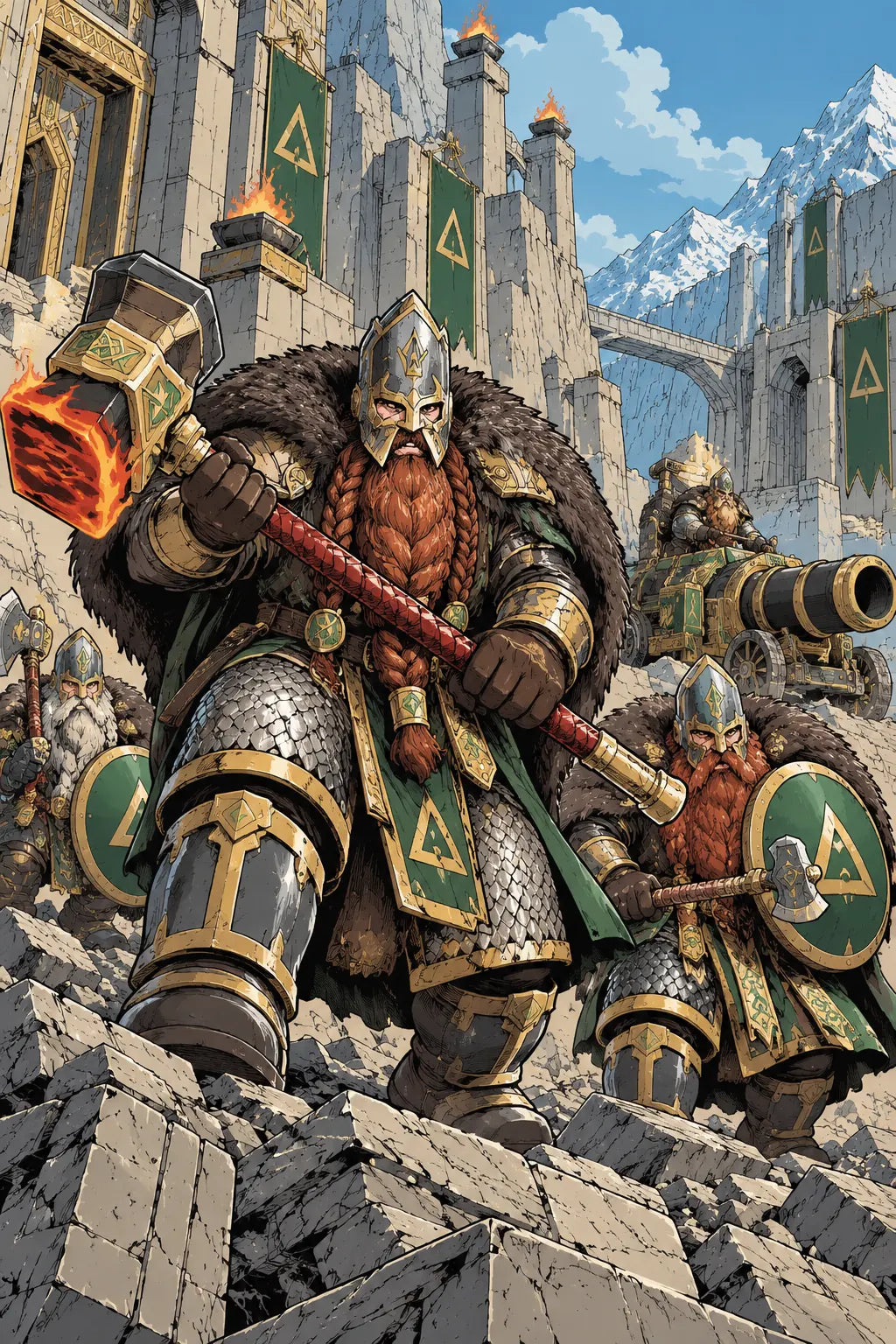 Khazalite Holds dwarf warriors with green shields and a cannon outside a mountain fortress — Warhaus illustration