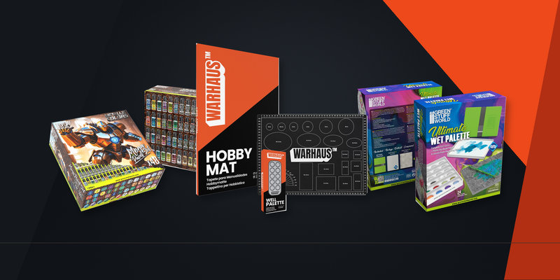 Warhaus new arrivals: Green Stuff World Metallics Mega Paint Set, WARHAUS Painting Workstation Bundle and Ultimate Wet Palette on an orange and charcoal background