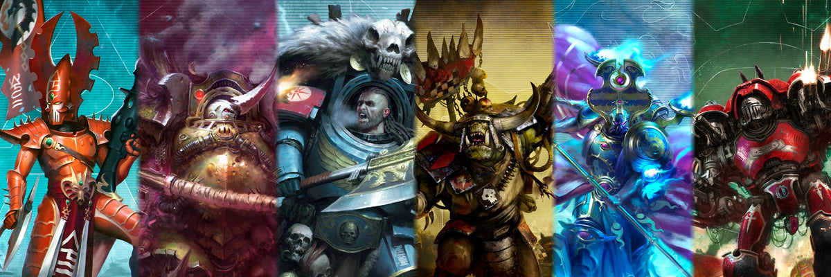 Warhammer 40,000 original artwork collage featuring Aeldari, Death Guard, Space Wolves, Orks, Thousand Sons and Imperial Knights