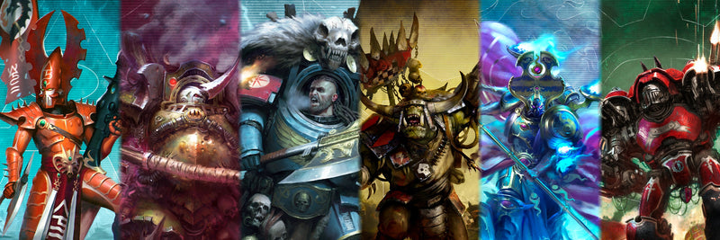 Warhammer 40,000 original artwork collage featuring Aeldari, Death Guard, Space Wolves, Orks, Thousand Sons and Imperial Knights