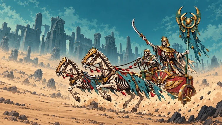 Tomb Kings skeletal chariot in clean illustrated Warhaus style