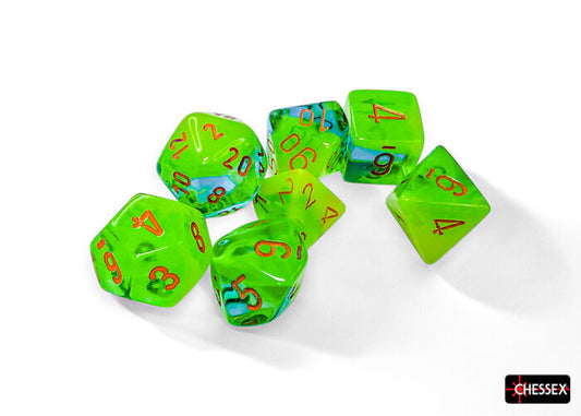 Chessex Dice: Gemini Plasma Green-Teal/orange Luminary Polyhedral 7-Dice Set