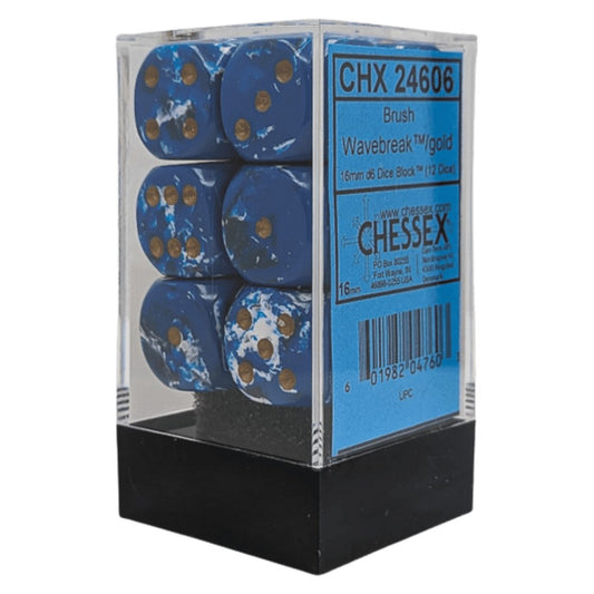 Chessex: Brush Wavebreak/gold 16mm d6 Dice Block (12 dice)