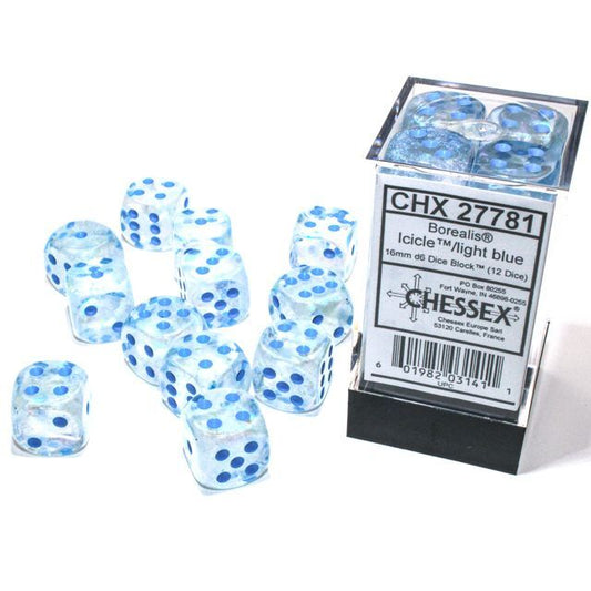 Chessex Dice: Borealis 16mm d6 Icicle/light blue Luminary Dice Block