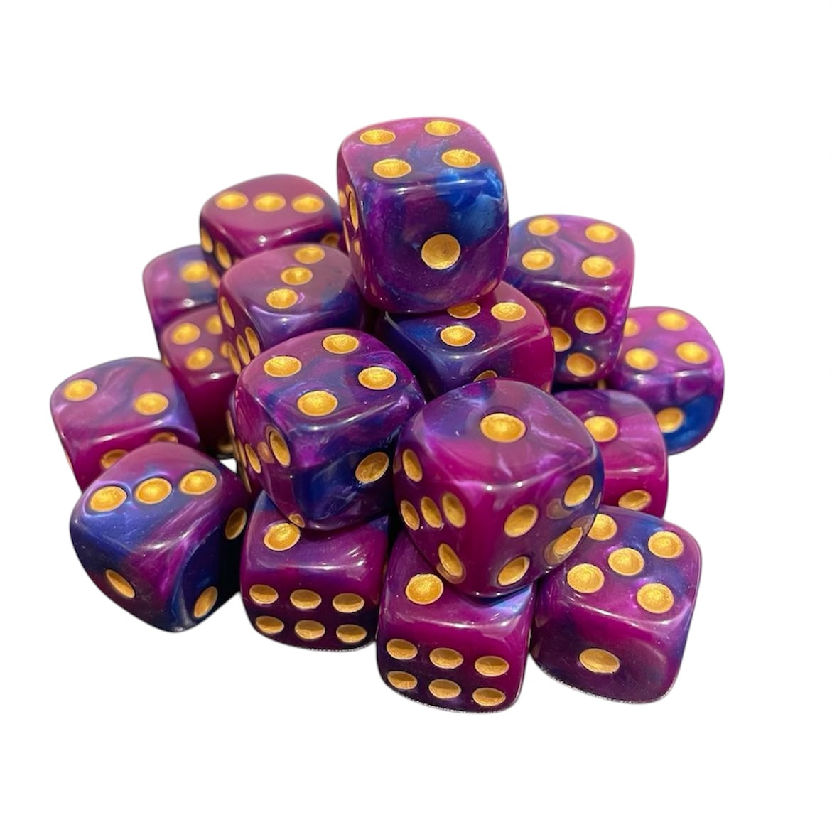 15mm Dice Glossy Pearl Purple-Blue (Gold pips)