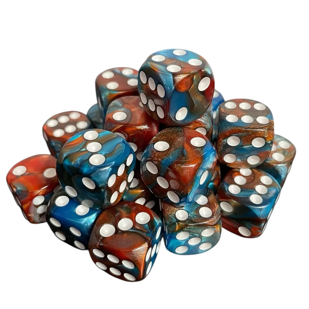 16mm Dice Glossy Pearl Blue-Brass (White pips)