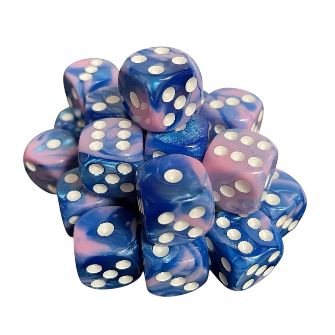 16mm Dice Glossy Pearl Pink-Blue (White pips)