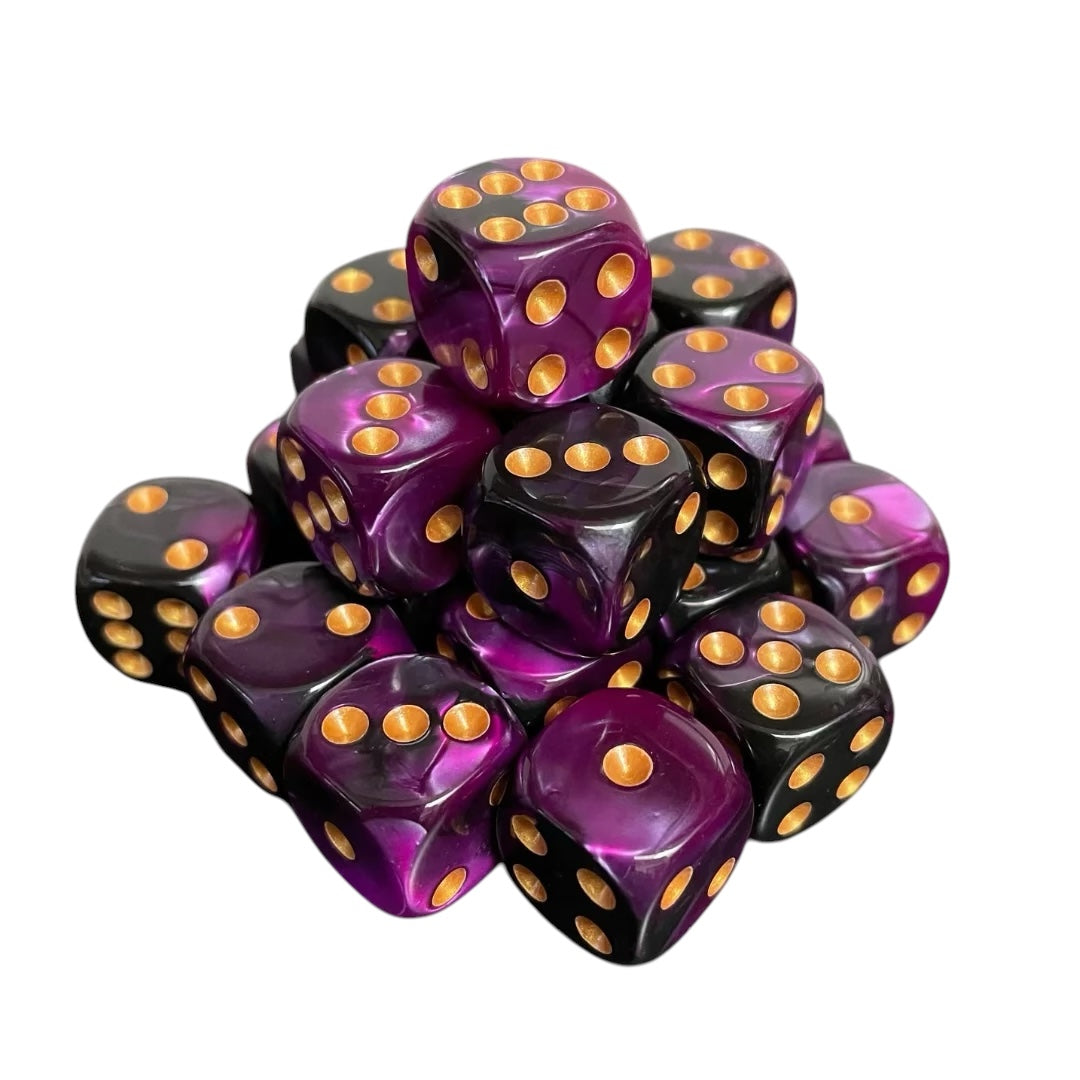 16mm Dice Glossy Pearl Purple-Black (Gold pips)