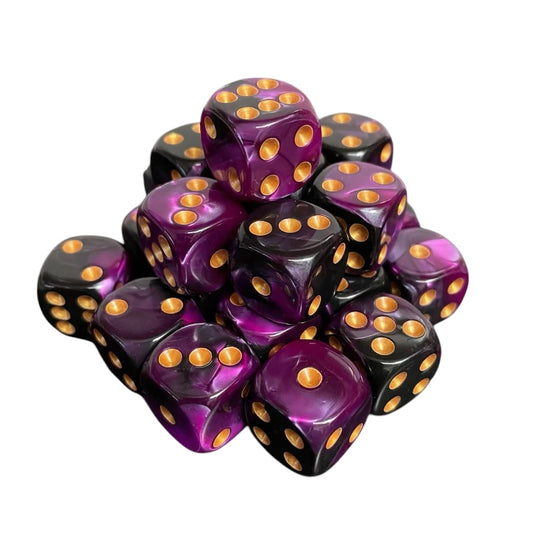 16mm Dice Glossy Pearl Purple-Black (Gold pips)