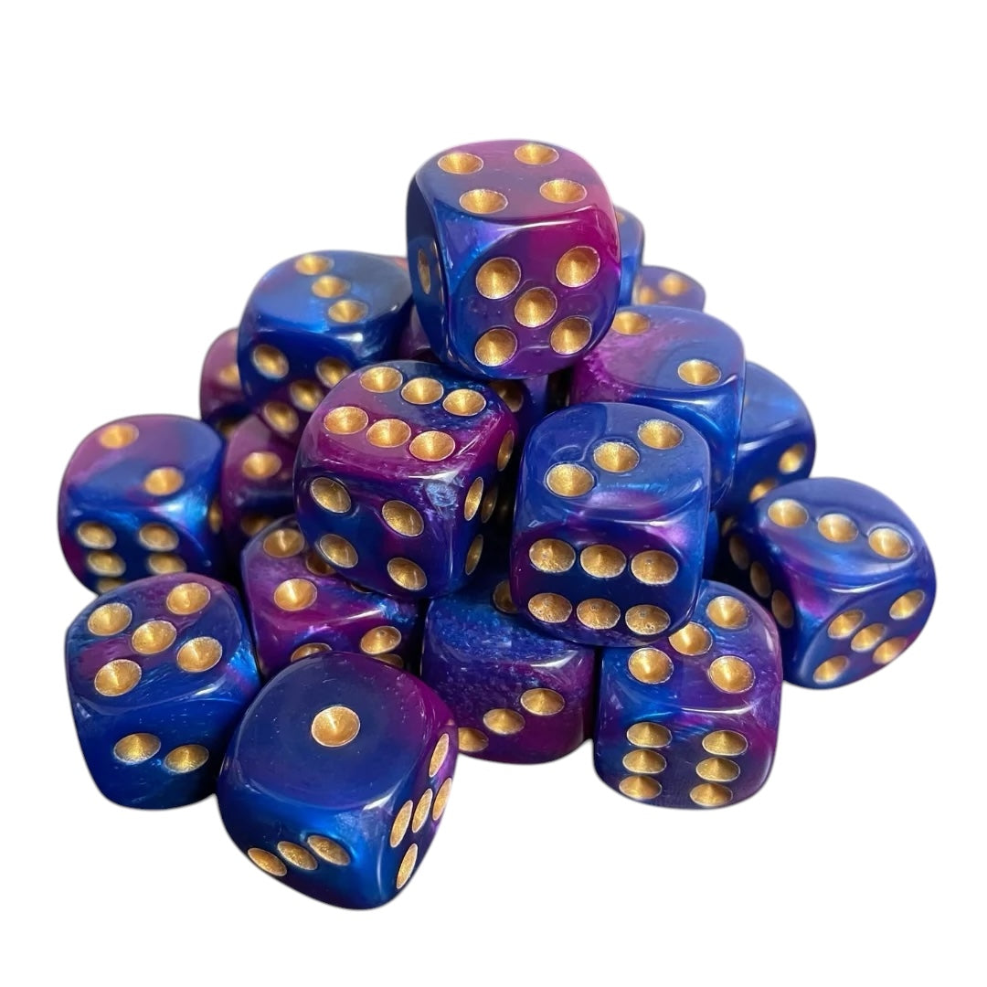16mm Dice Glossy Pearl Purple-Blue (Gold pips)