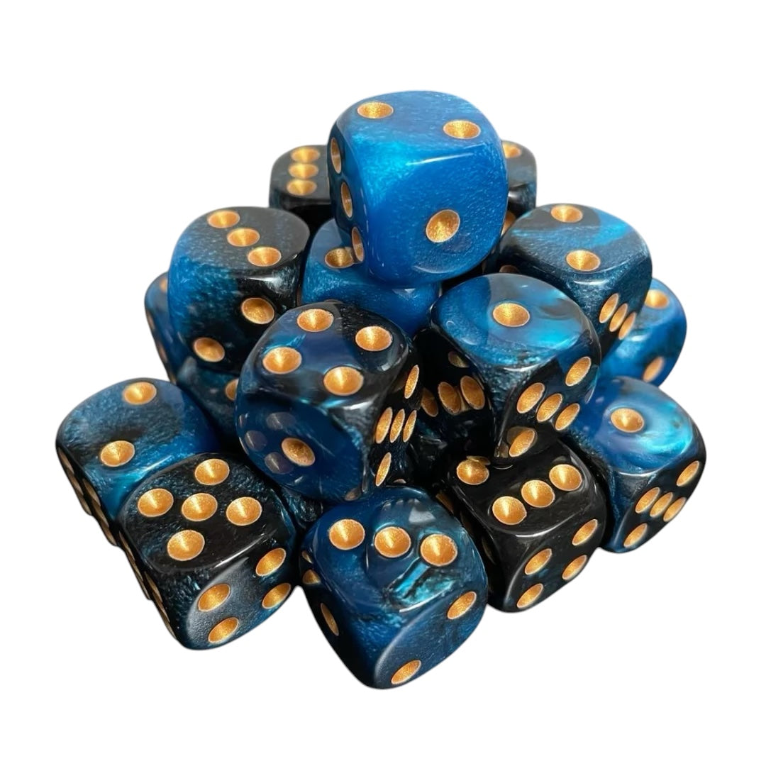 16mm Dice Glossy Pearl Blue-Black (Gold pips)