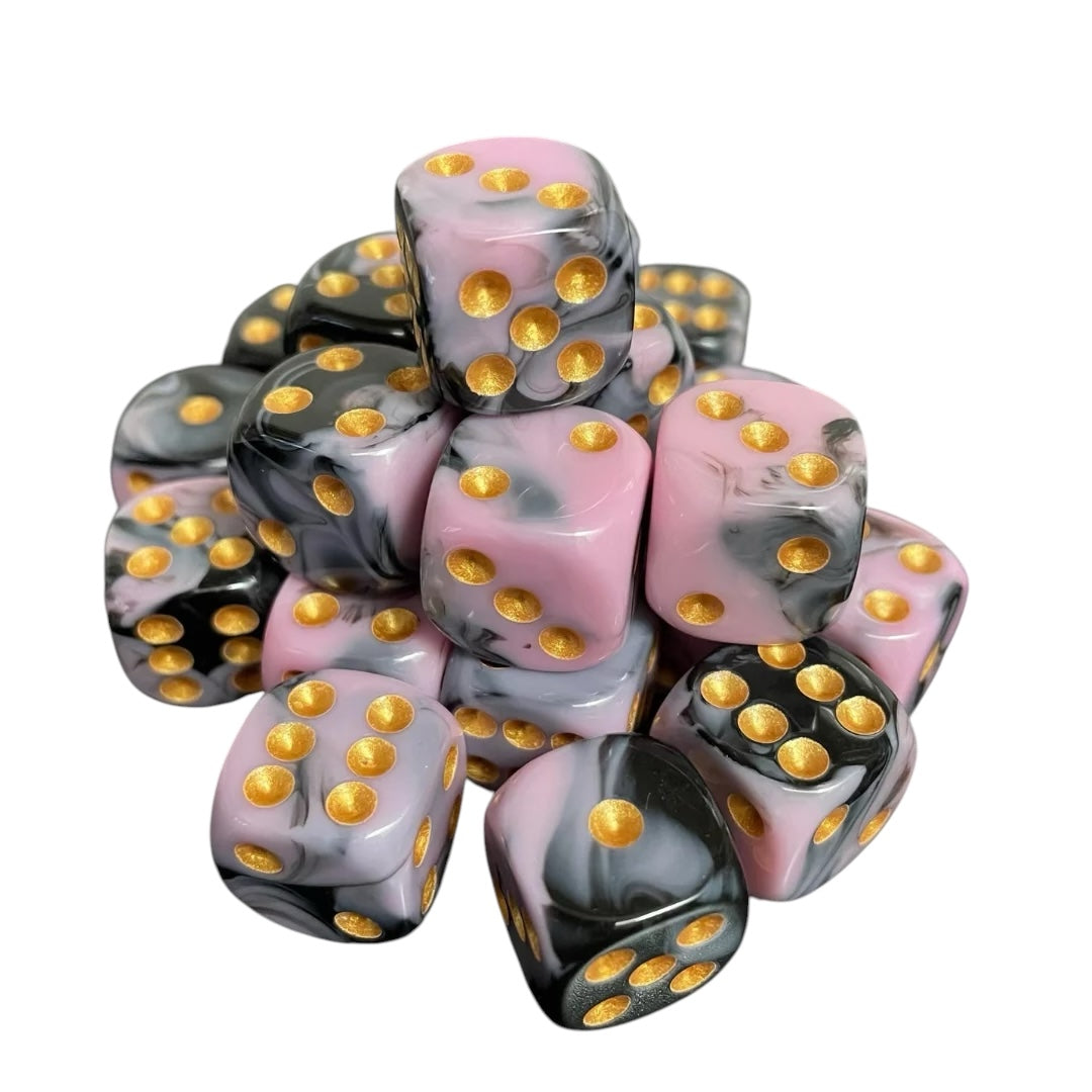 16mm Dice Glossy Pearl Pink-Black (Gold pips)