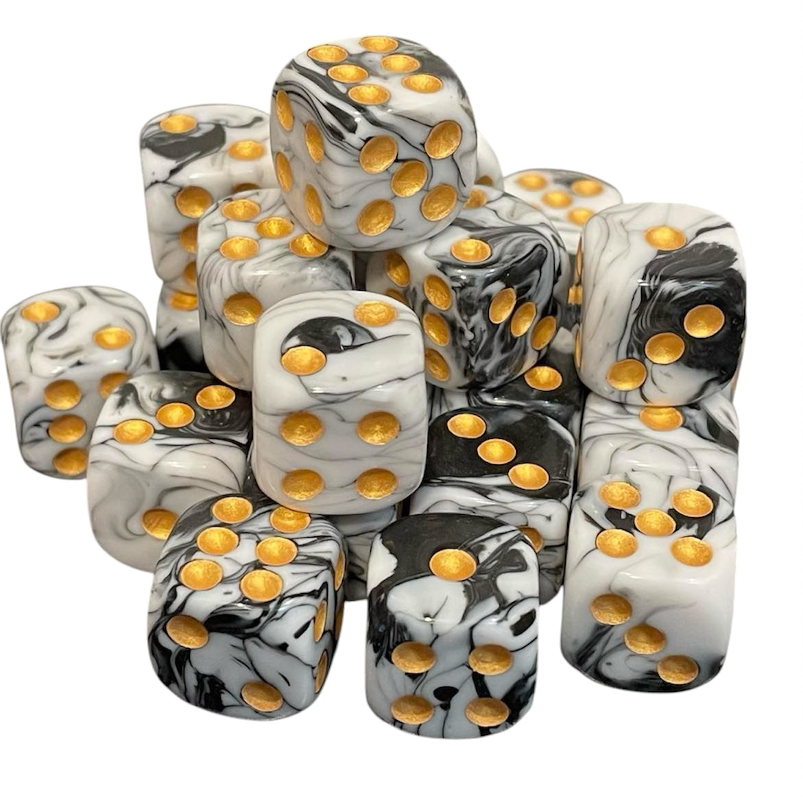 16mm Dice Pearl Black-White (Gold pips)