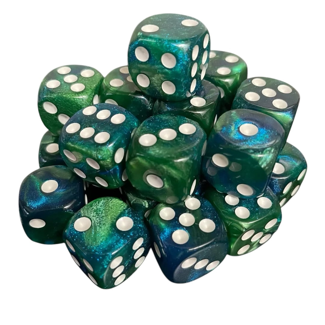 16mm Dice Glossy Pearl Blue-Green Opal (White pips)
