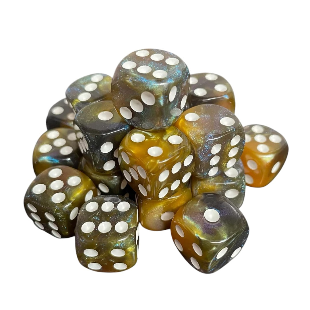 16mm Dice Glossy Pearl Yellow-Blue Opal (White pips)