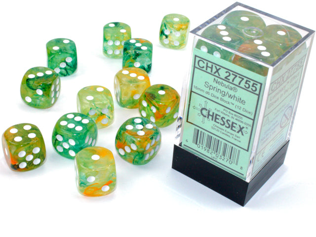 Chessex Dice: Nebula 16mm d6 Spring/white Luminary Dice Block (12 dice)