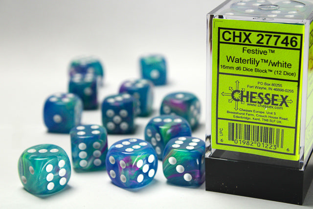 Chessex Dice: Festive 16mm d6 Waterlily/white Dice Block (12 dice)