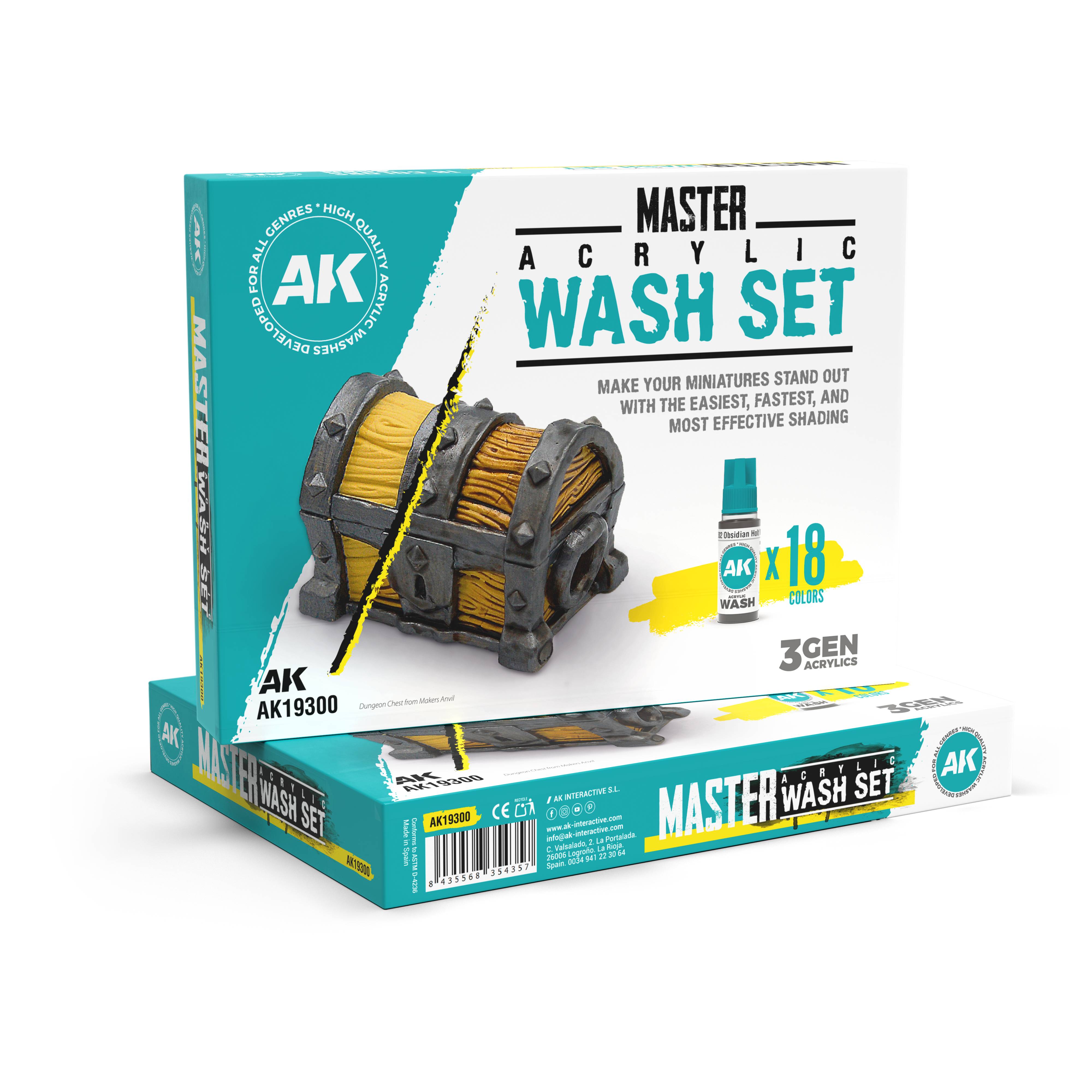 AK Interactive: 3Gen - Master Acrylic Wash Set Full Range 18 Colors