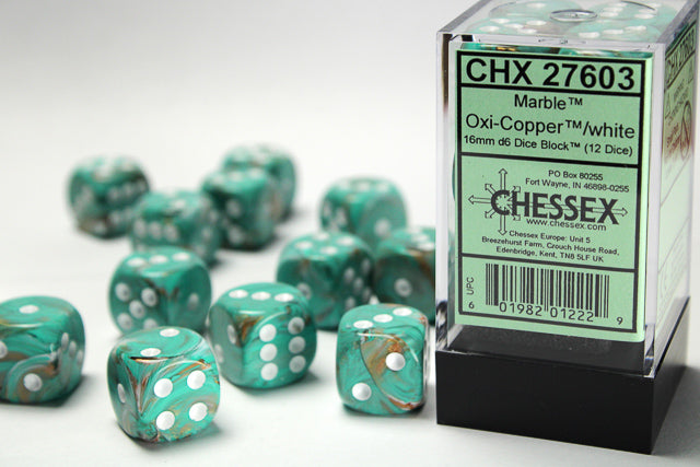 Chessex Dice: Marble 16mm d6 Oxi-Copper/white Dice Block (12 dice)